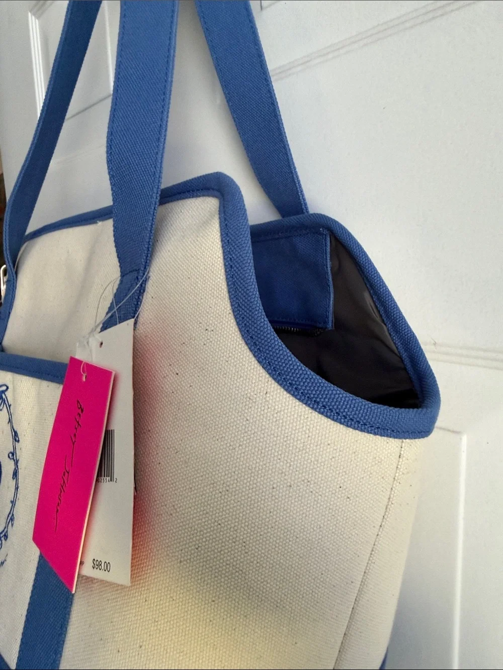 Betsey Johnson Hot Pink Tag Canvas Tote with Blue Trim